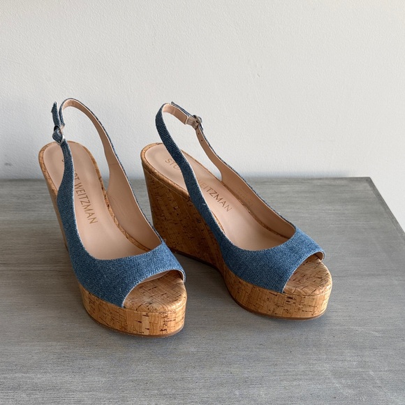 NEW Stuart Weitzman Denim Blue Cork Wedges Sz 11 - Picture 2 of 4